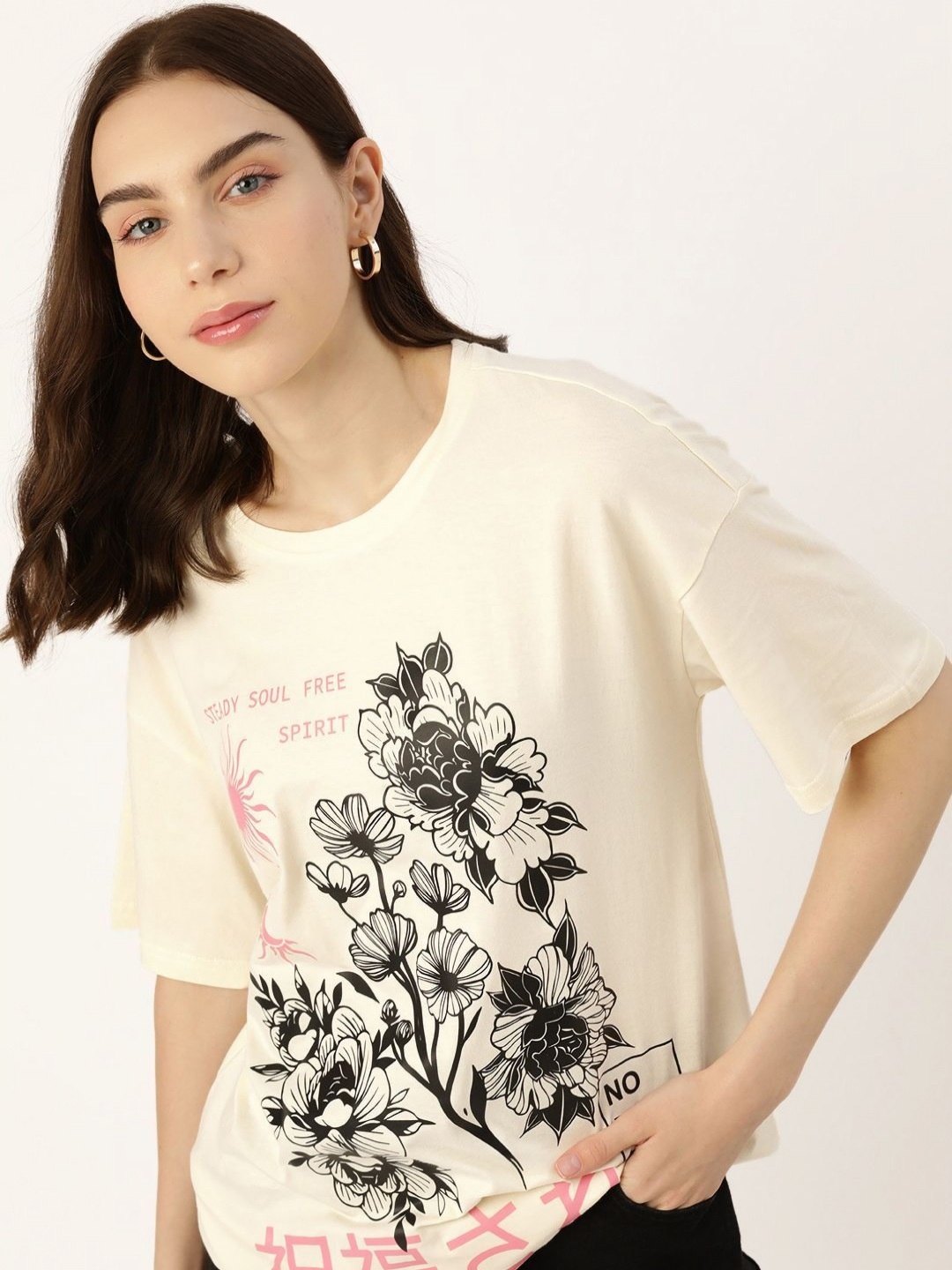 

DressBerry Women Floral Printed Round Neck Cotton Oversized T-shirt, Beige