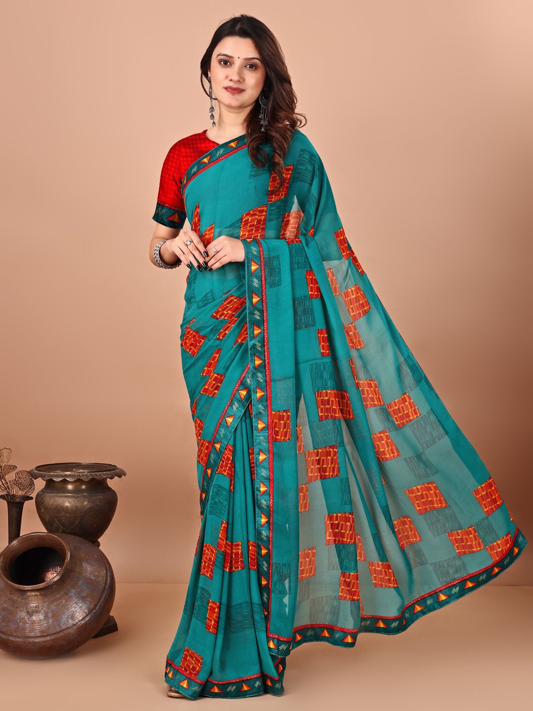 

LeeliPeeri Designer Printed Saree With Unstitched Blouse Piece, Teal