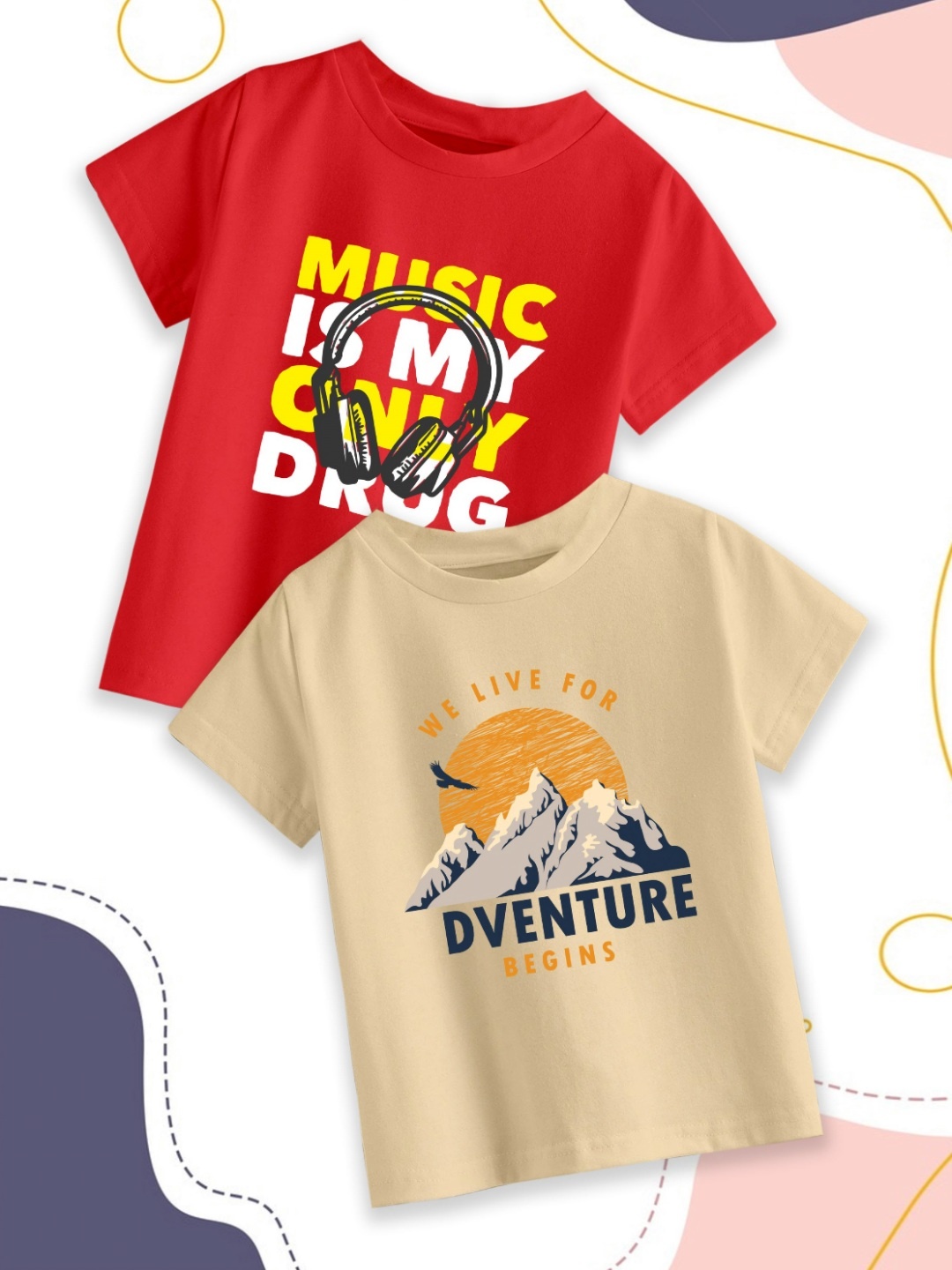 

Provogue Boys Pack Of 2 Graphic Printed Round Neck Cotton T-shirts, Beige