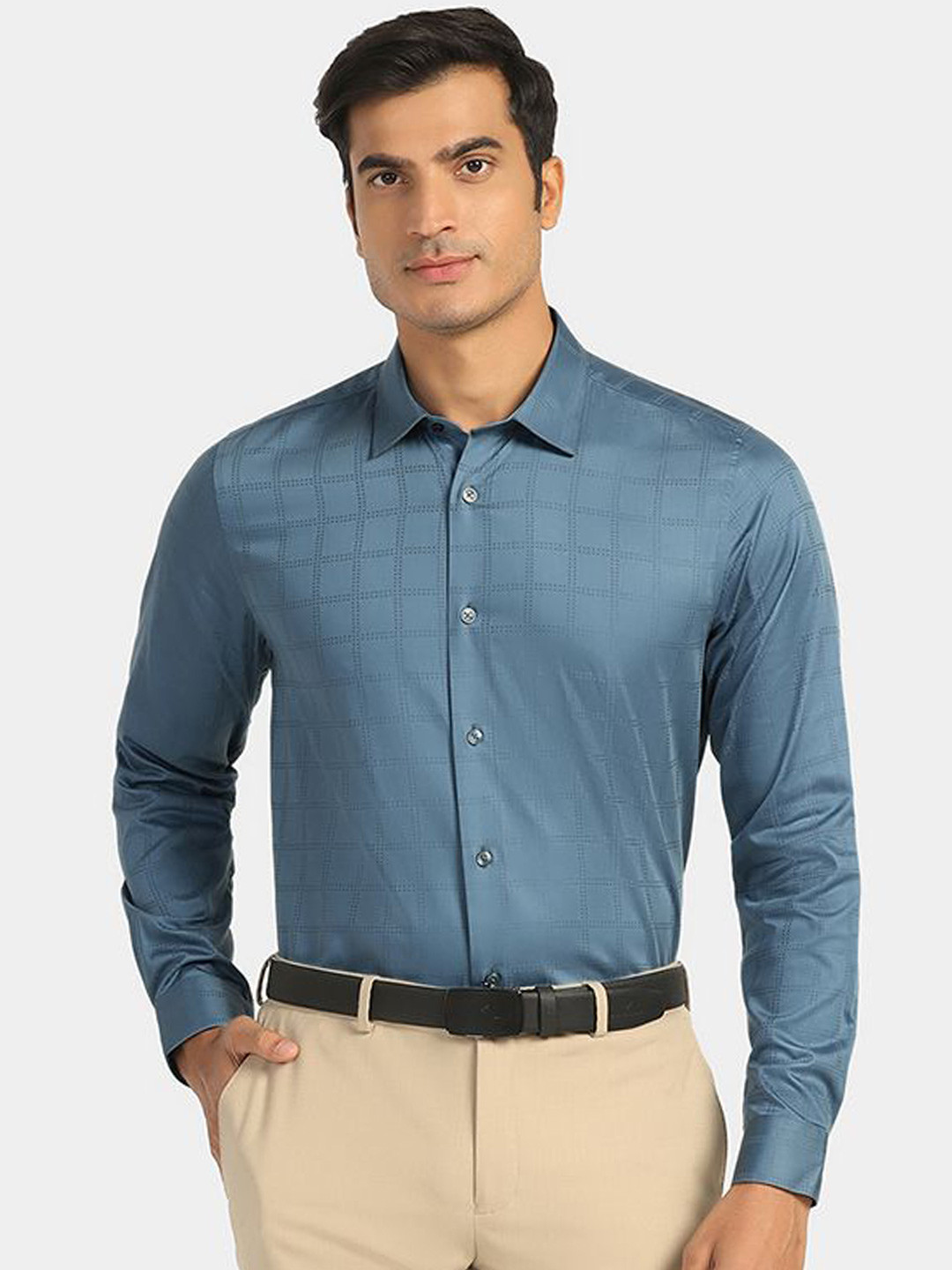 

Blackberrys Men India Slim Fit Spread Collar Checked Cotton Formal Shirt, Blue