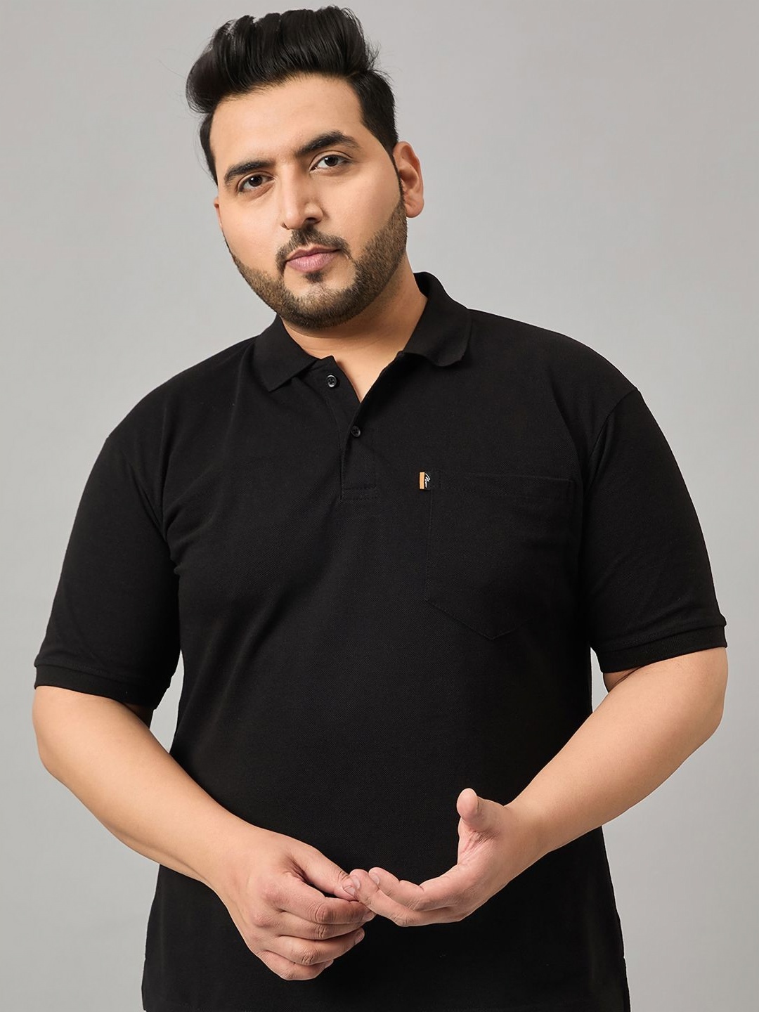 

MXN Men Plus Size Solid Polo Collar Cotton T-shirt, Black