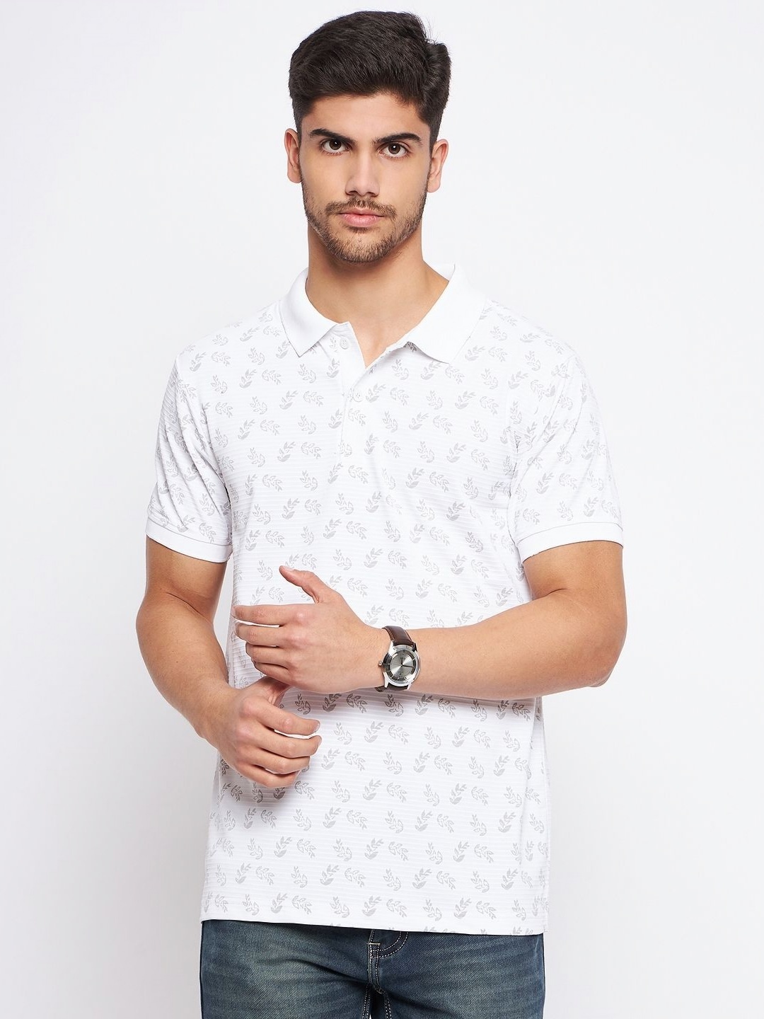 

MXN Men Floral Printed Polo Collar Cotton T-shirt, White