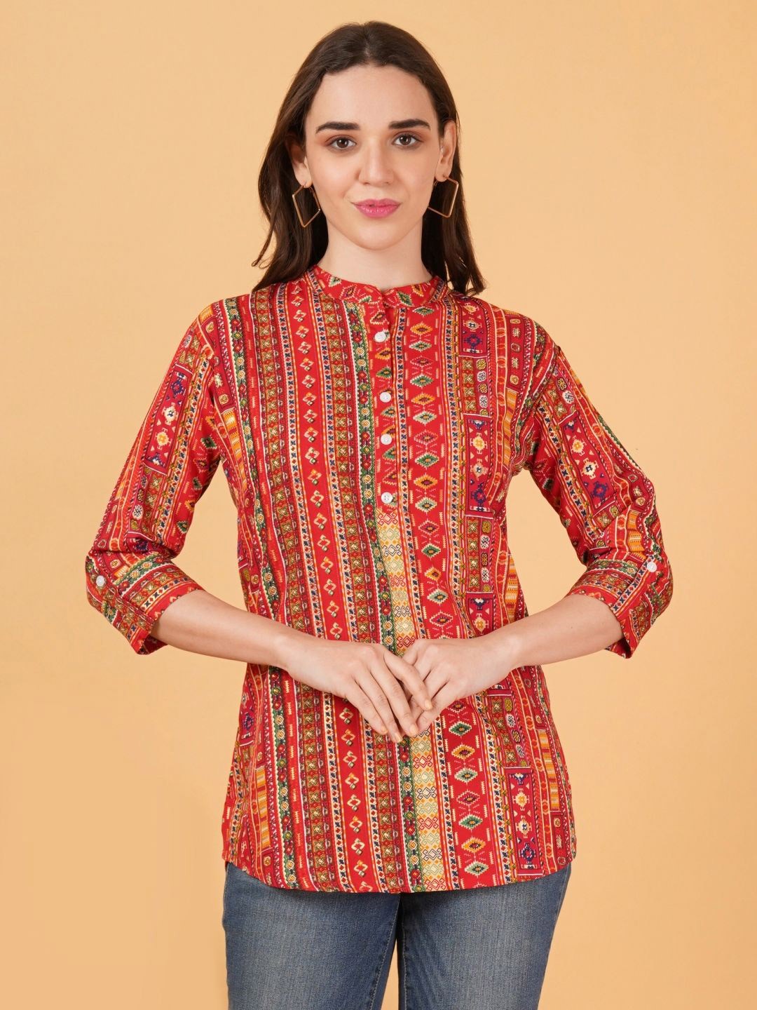 

FebQ Mandarin Collar Printed Tunic, Red