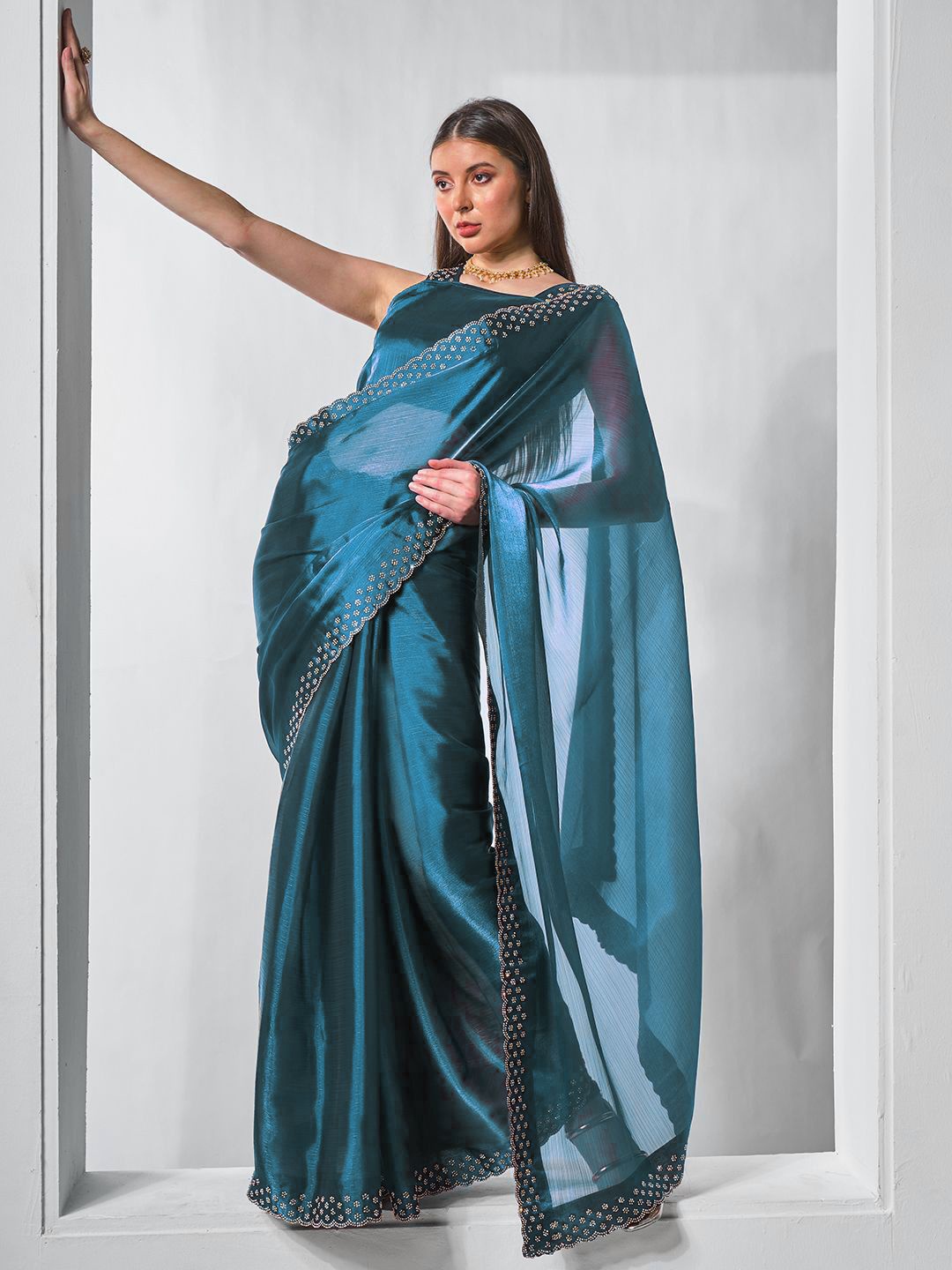 

Shivadit Ethnic Beads and Stones Organza Fusion Banarasi Saree, Teal