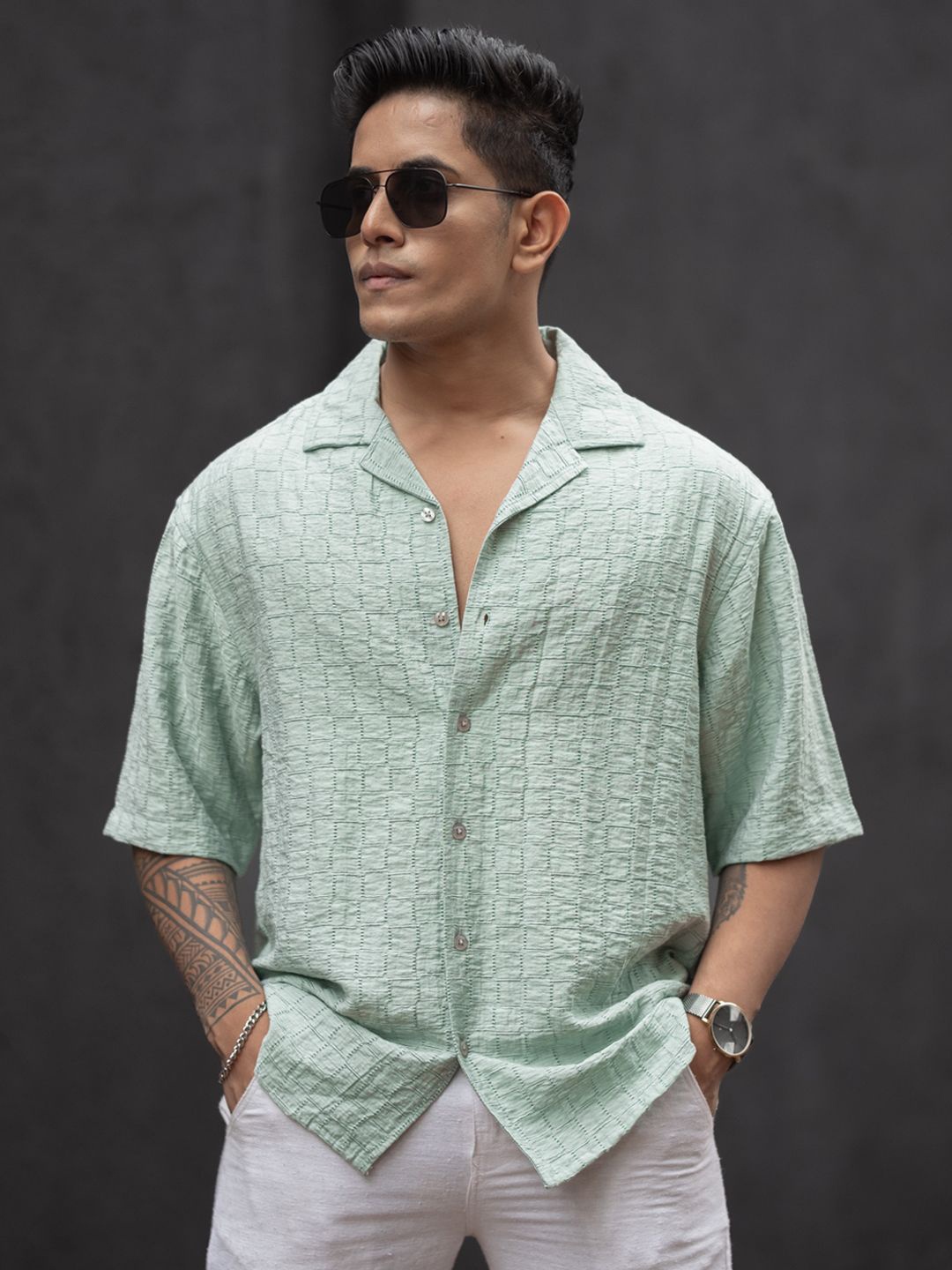 

Powerlook Men Relaxed Fit Cuban Collar Textured Cotton Casual Shirt, Green