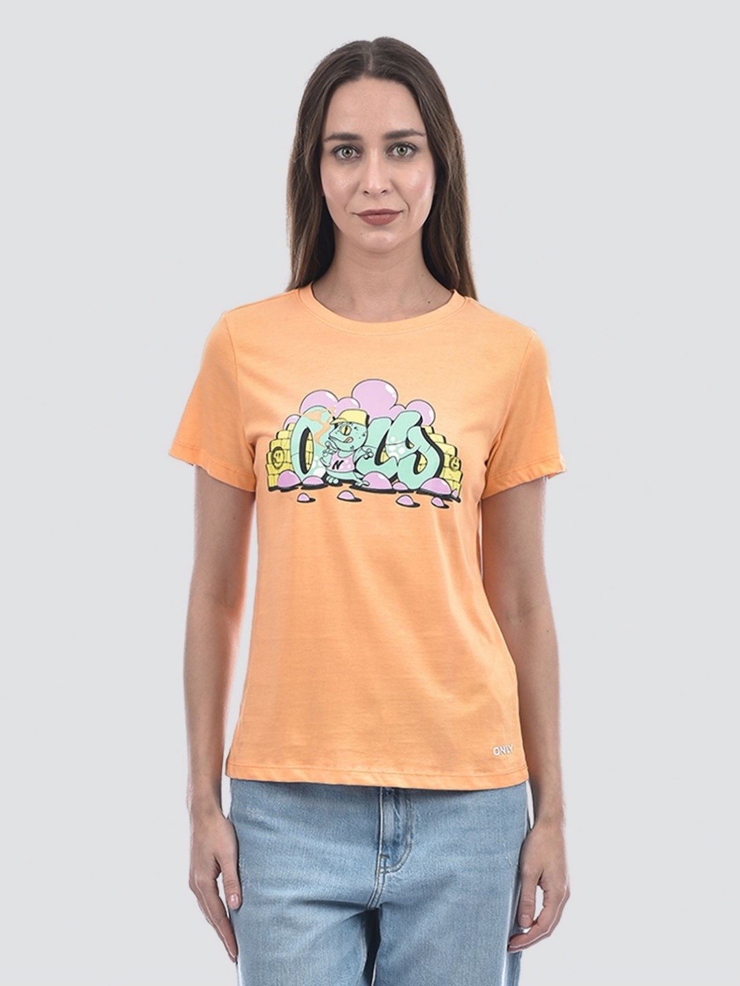 

ONLY Women Graphic Printed Round Neck Cotton T-shirt, Orange