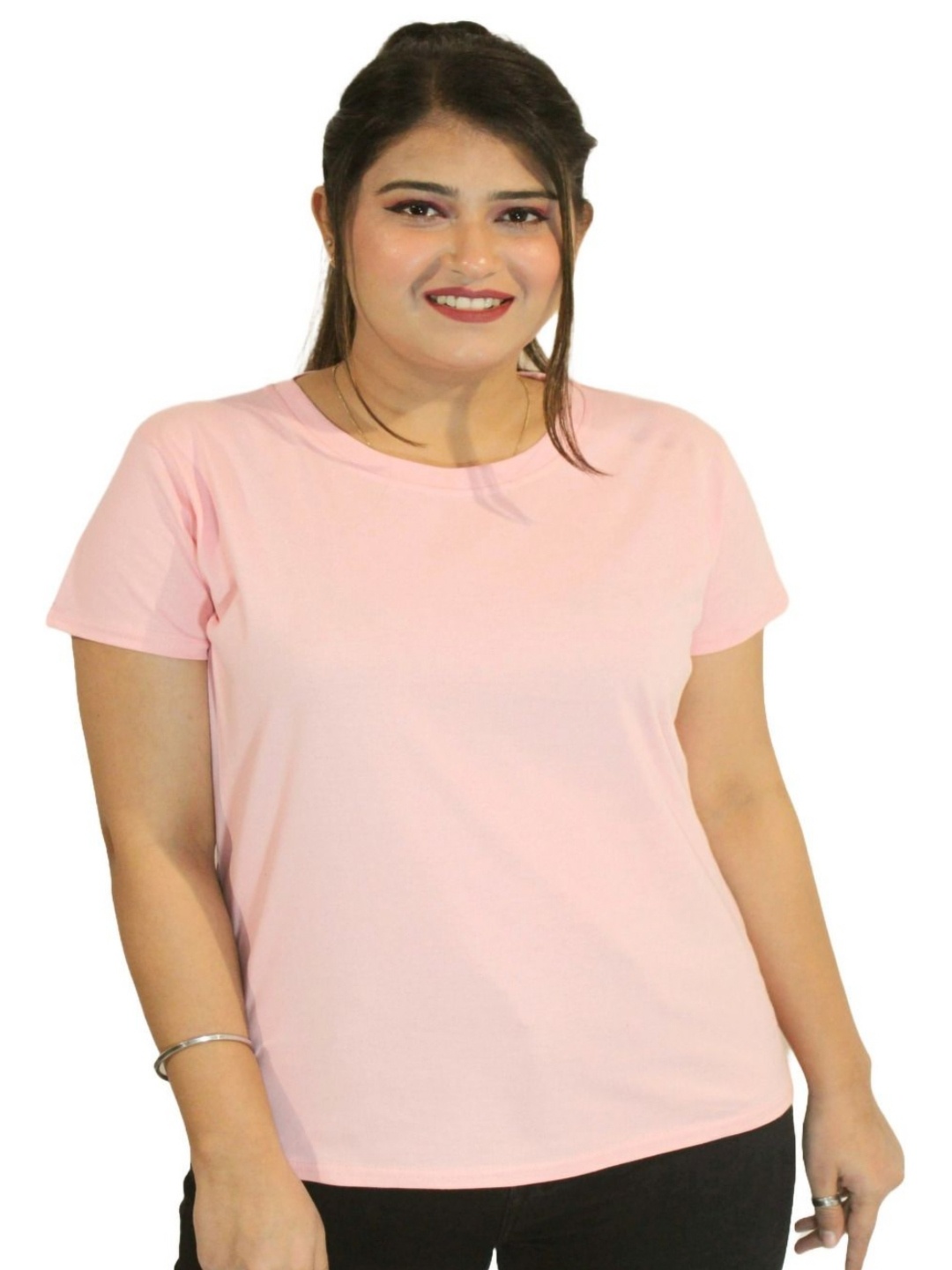 

PINK SHELL Women Solid Round Neck Cotton T-shirt, Peach