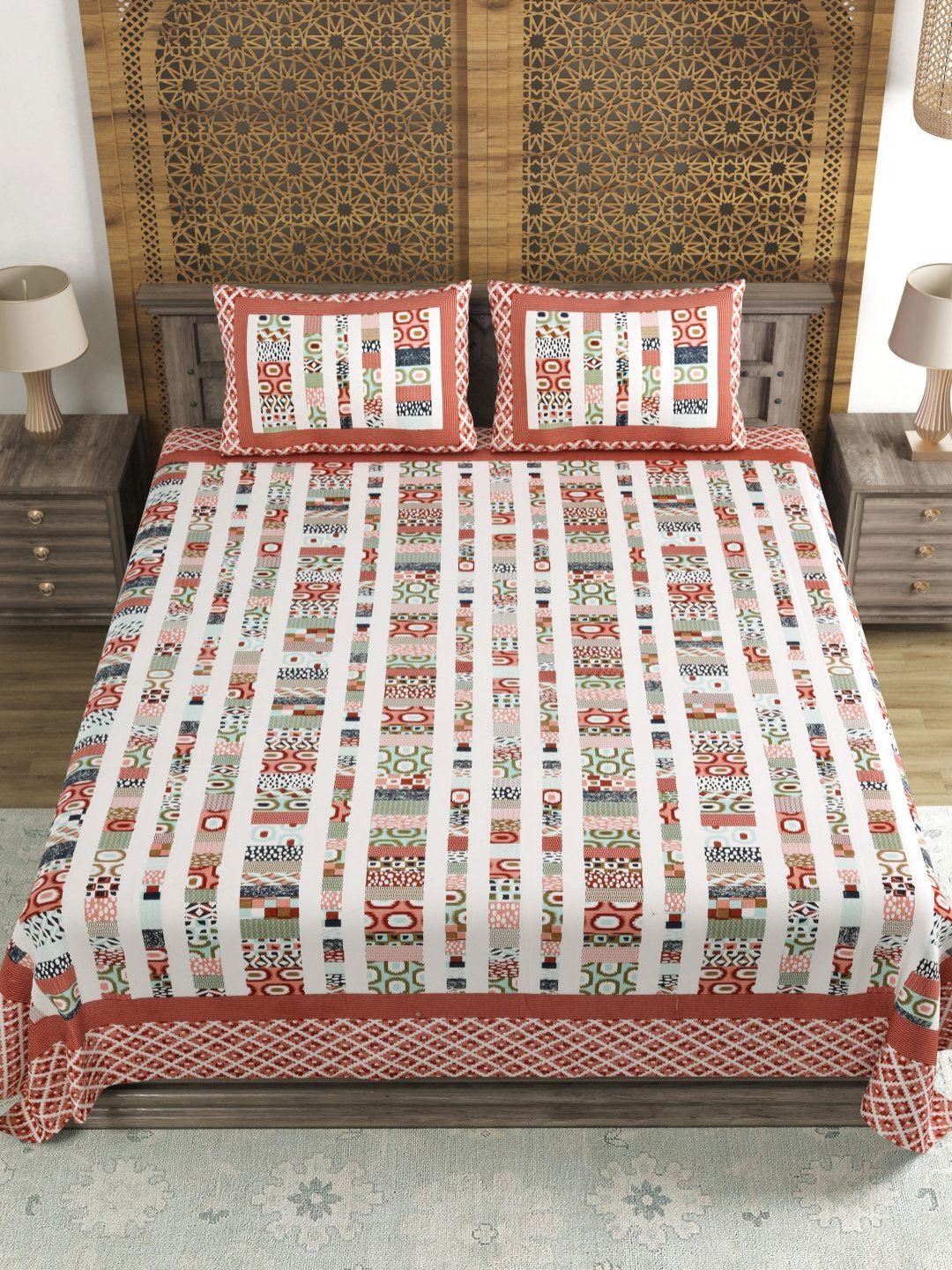 

Myntra Elegant Homes Brown Printed 144 TC Cotton King Bedsheet Set 2.18 m x 2.64 m
