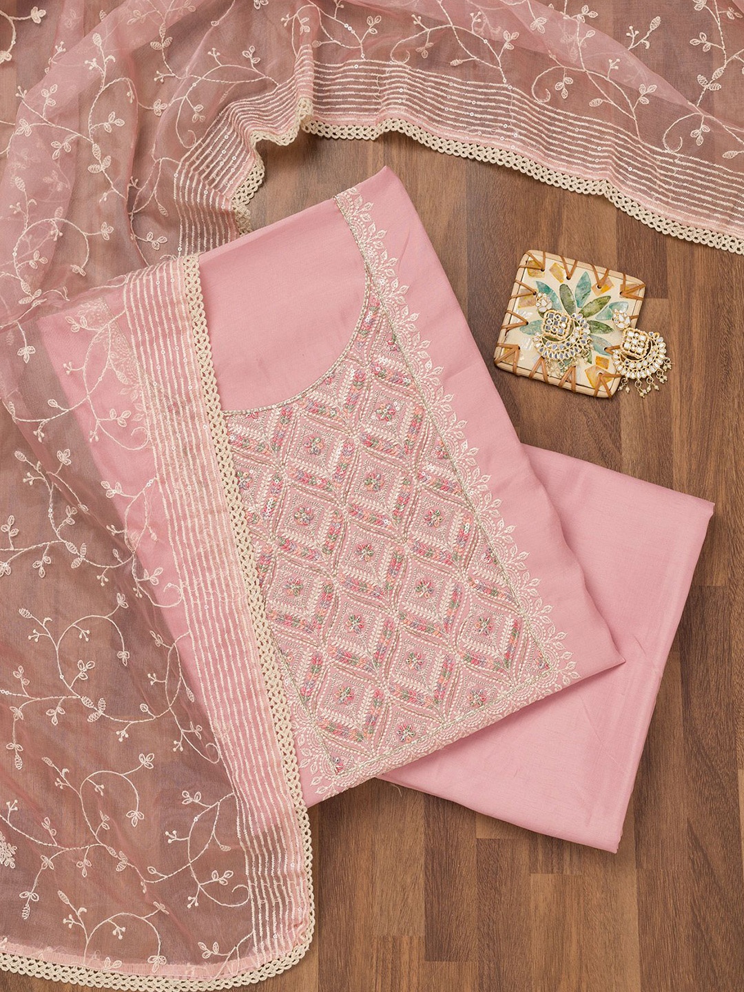 

Koskii Floral Embroidered Sequinned Chanderi Unstitched Salwar Suit, Pink