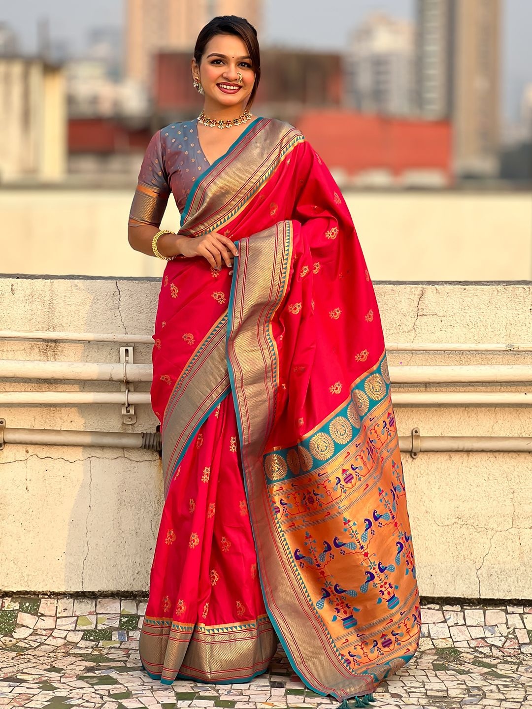 

LeeliPeeri Designer Women Woven Design Zari Paithani Saree, Red