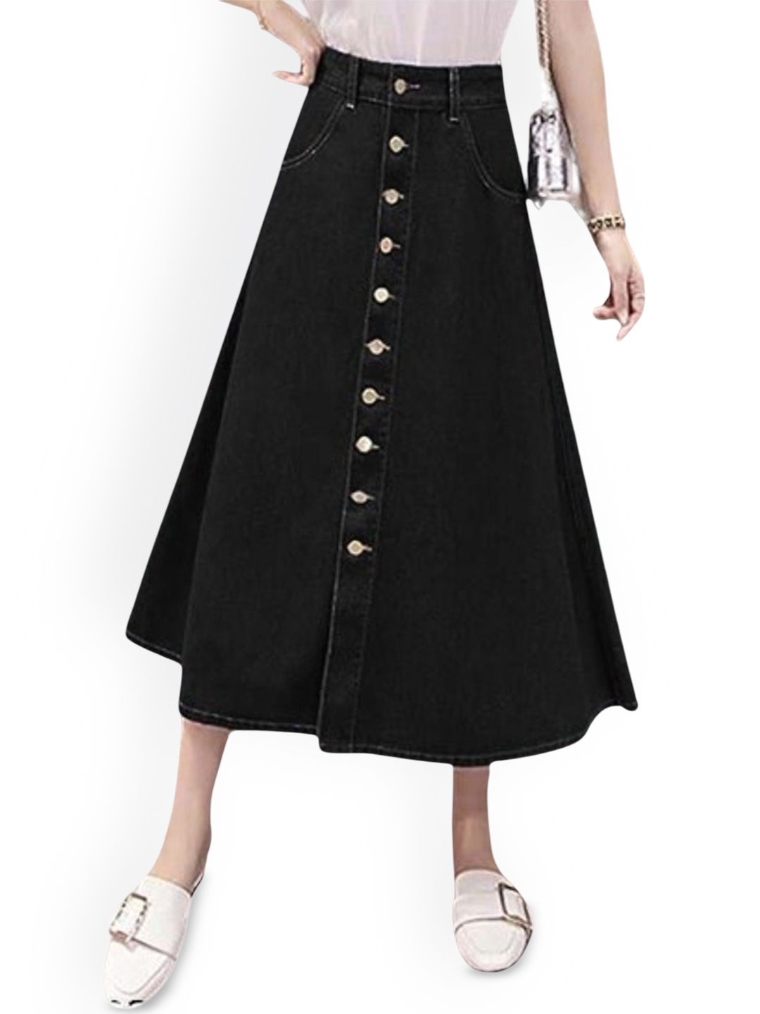 

Tripursundari Fashion Maxi A-Line Denim Skirt, Black