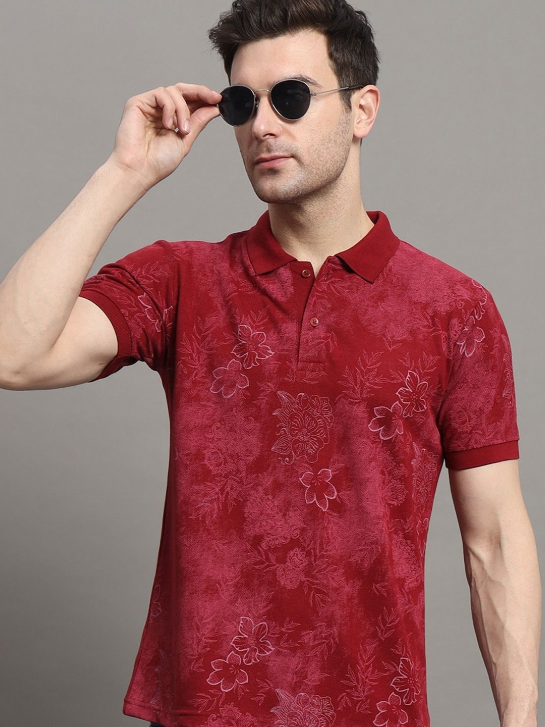 

MXN Men Floral Printed Polo Collar Cotton T-shirt, Maroon