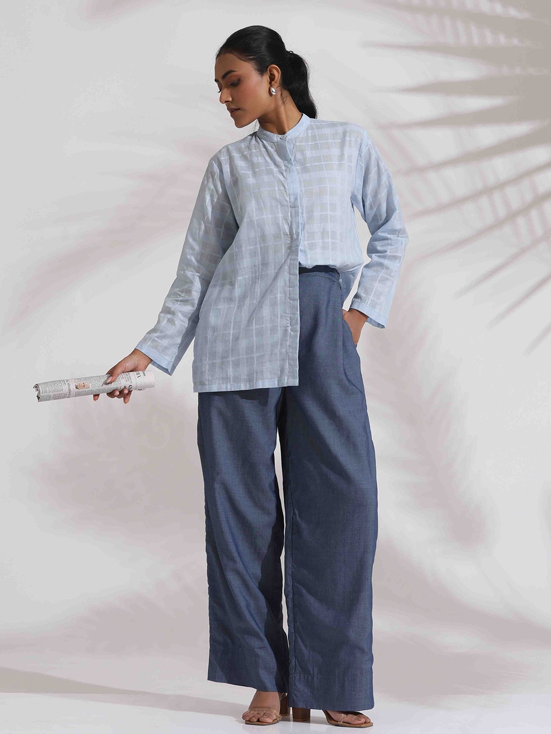 

trueBrowns Checked Pure Cotton Shirt Top & Trousers Co-Ords, Blue