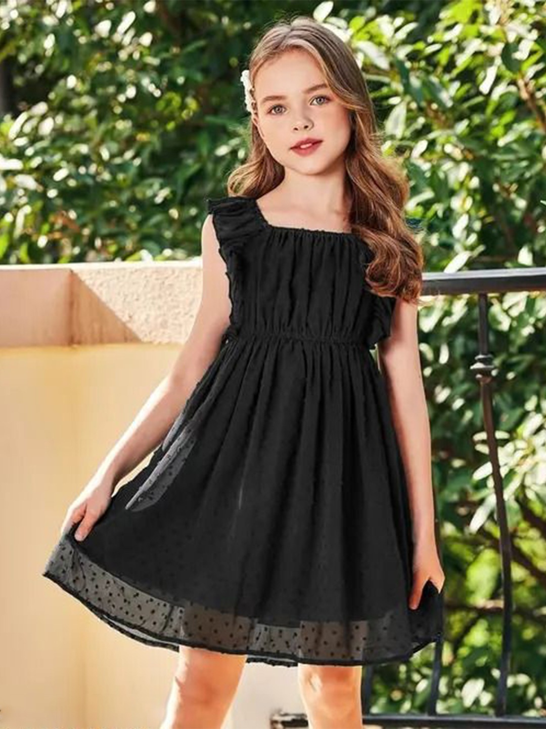 

R Cube Girls Ruffle Sleeve Fit & Flare Dress, Black
