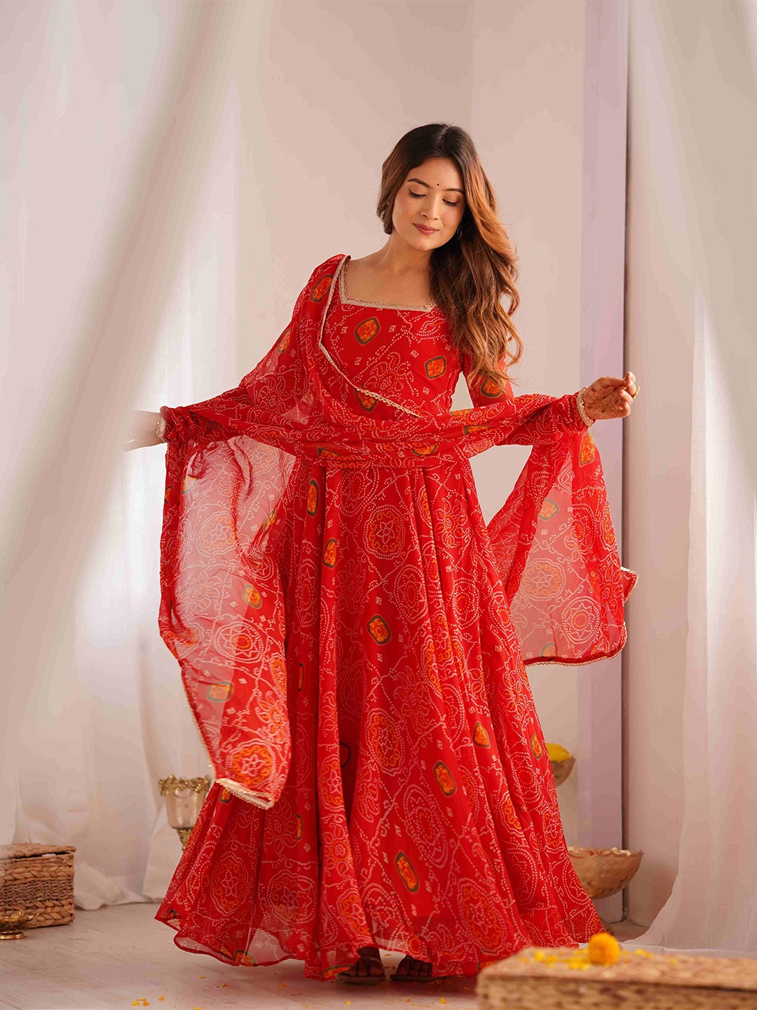 

LABELKBBRAND Bandhani Printed Silk Chiffon Anarkali Kurta With Palazzos & Dupatta, Red
