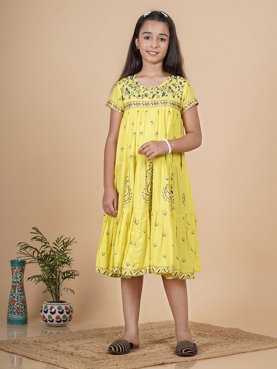

TUNIYA Ethnic Motifs Print A-Line Dress, Yellow