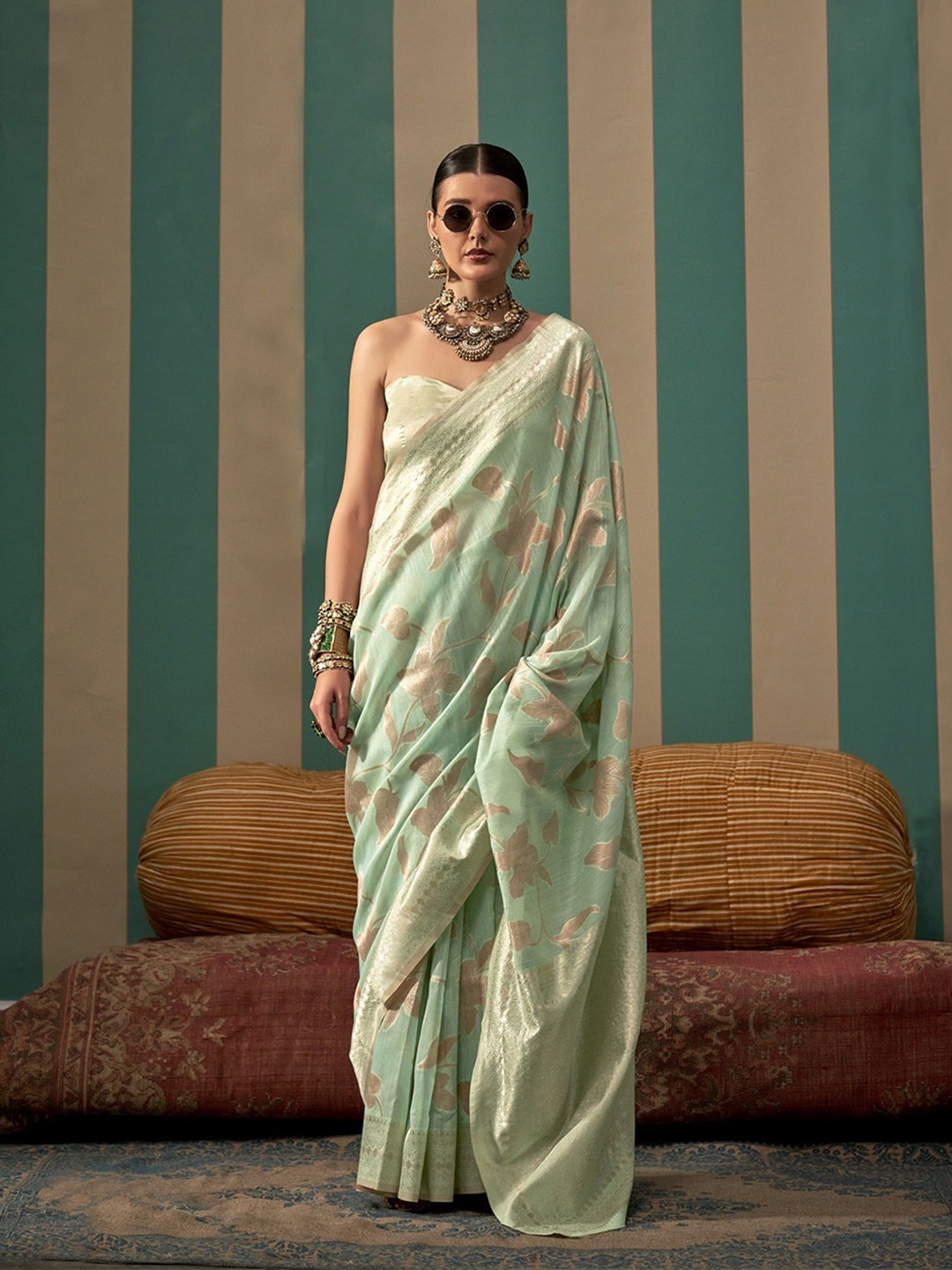 

MAHALASA Floral Woven Design Zari Saree, Sea green