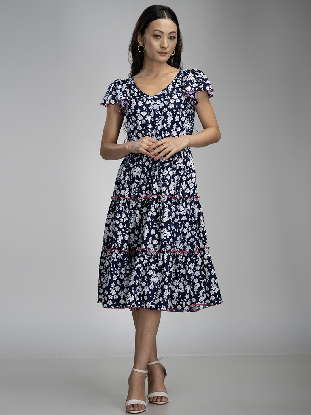 

KRISS-CROX Floral Printed Flared Sleeve Fit & Flare Dress, Navy blue