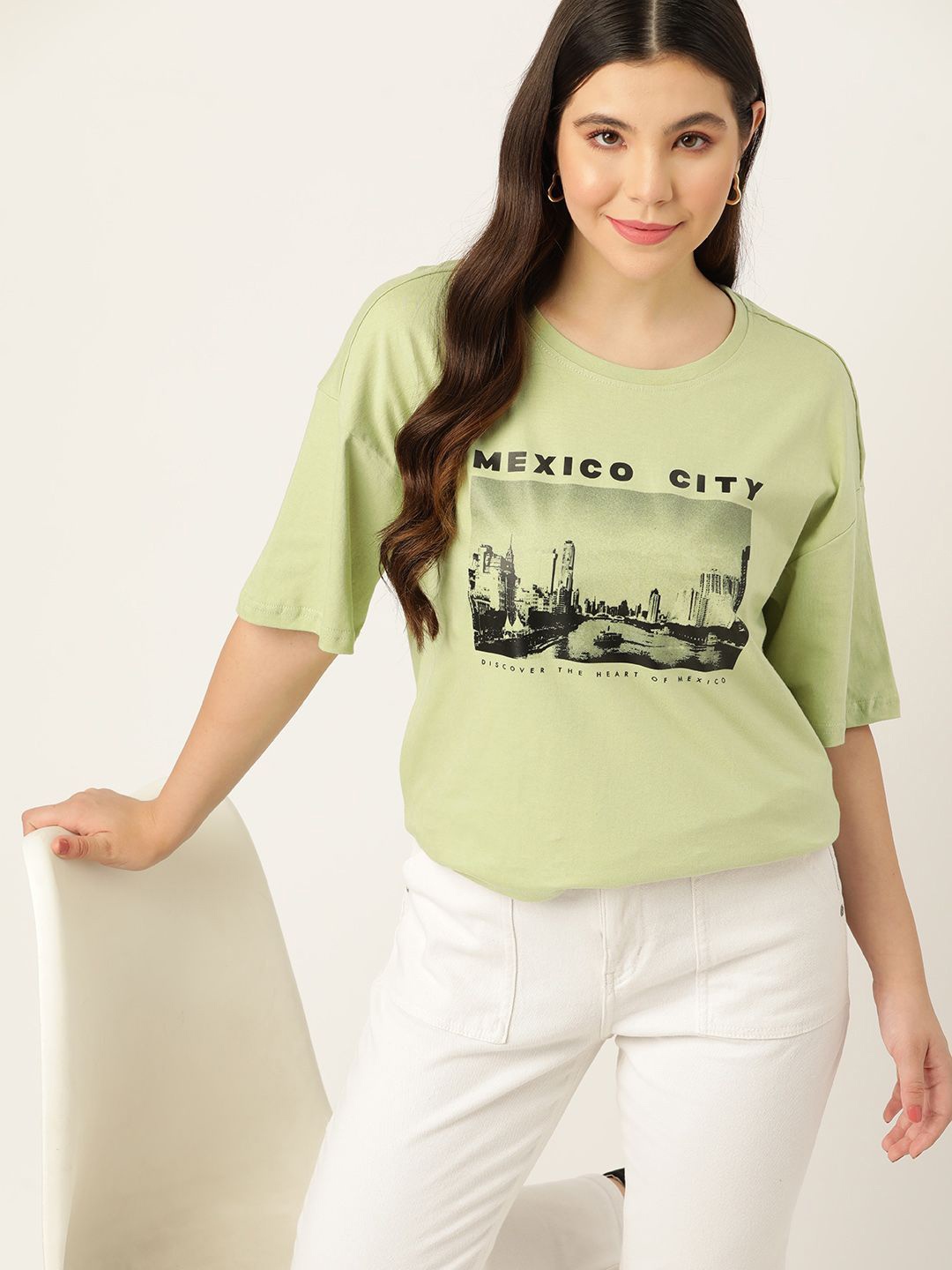 

DressBerry Women Graphic Printed Round Neck Cotton Oversized T-shirt, Green