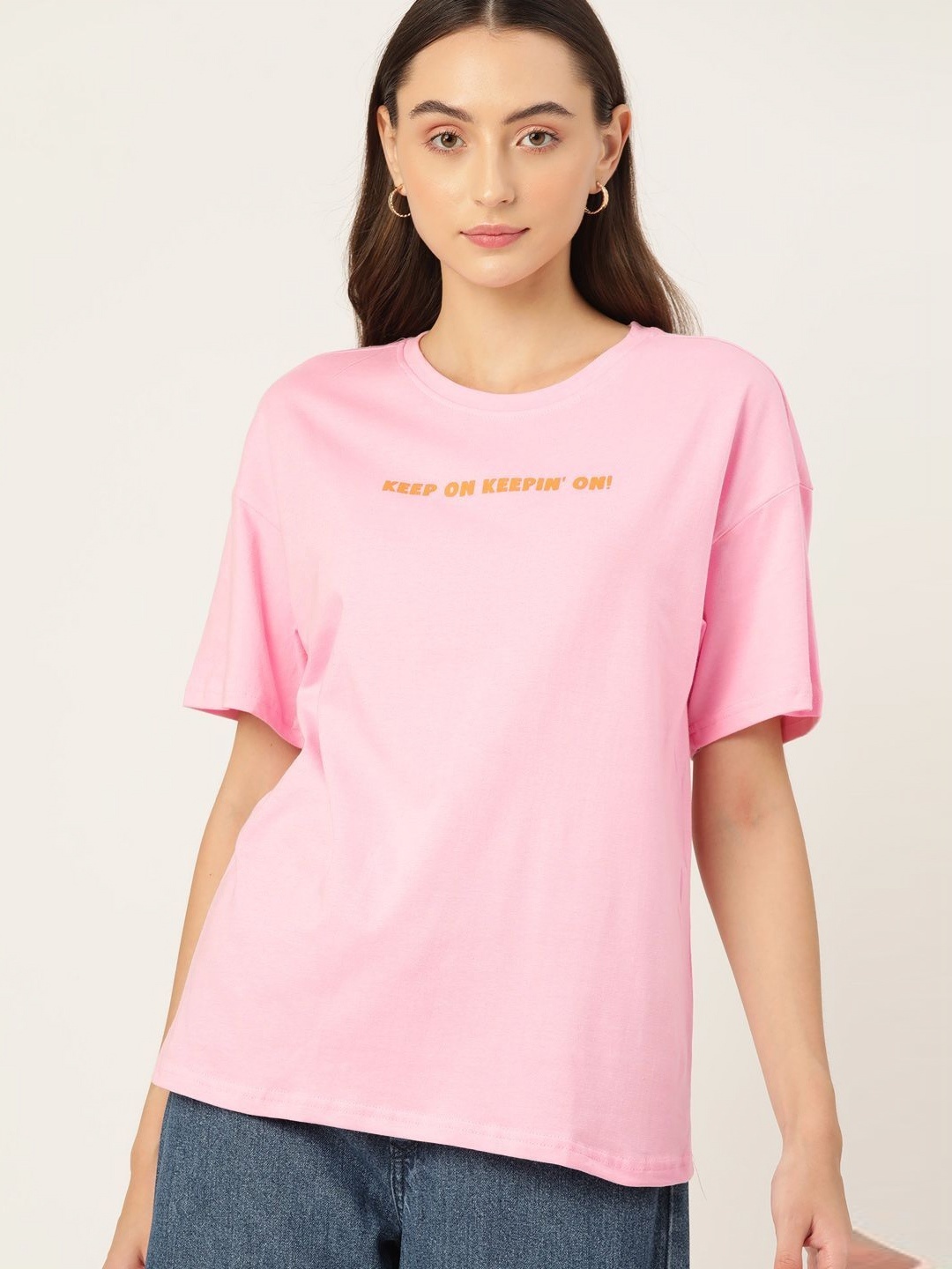 

DressBerry Women Graphic Printed Round Neck Cotton Oversized T-shirt, Pink