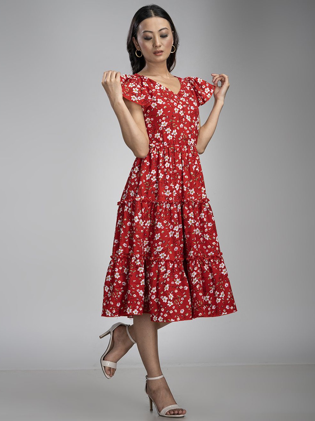 

KRISS-CROX Floral Print Flared Sleeve Fit & Flare Dress, Red