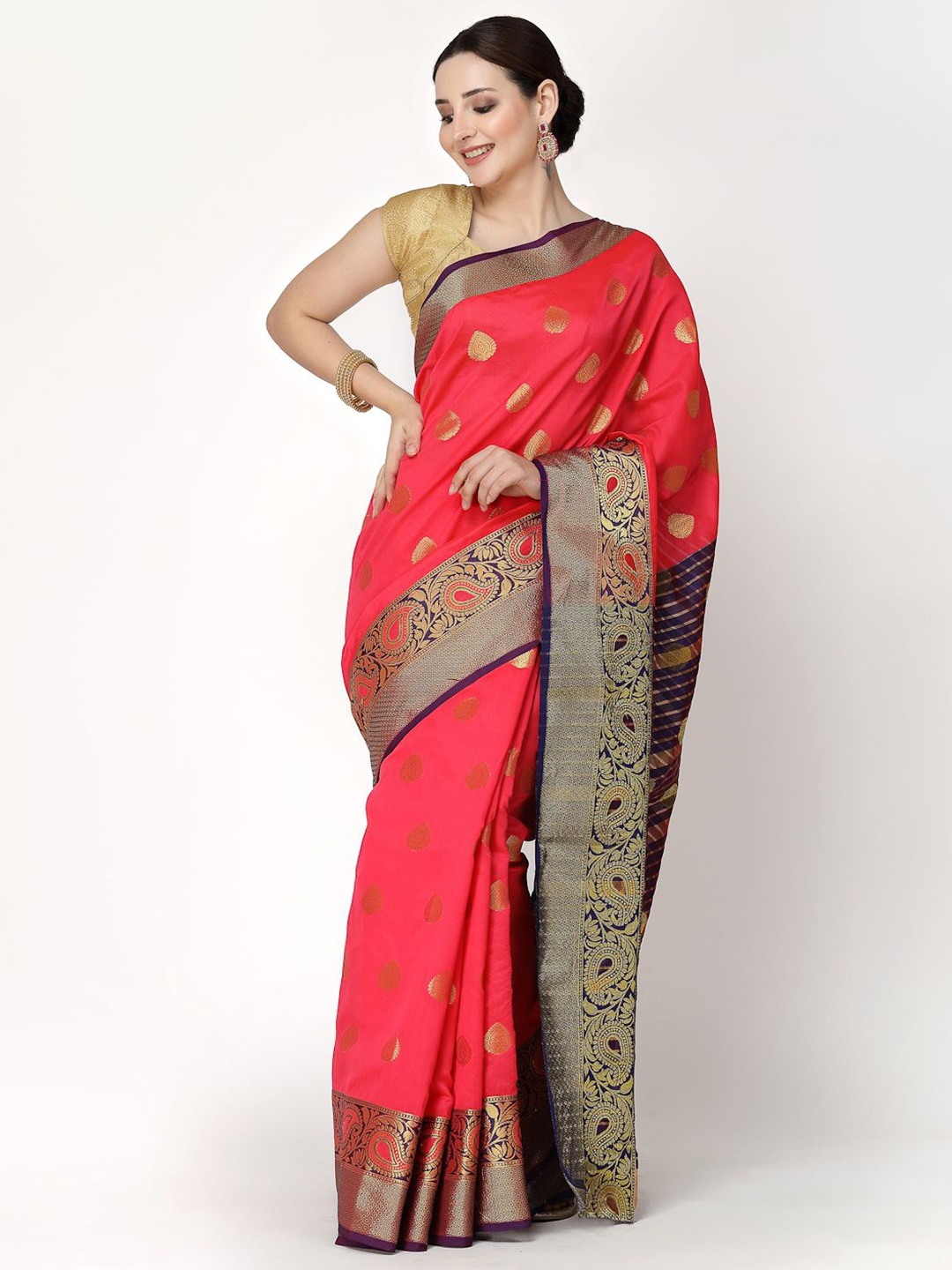 

RAJUL Woven Design Zari Silk Cotton Banarasi Saree, Peach