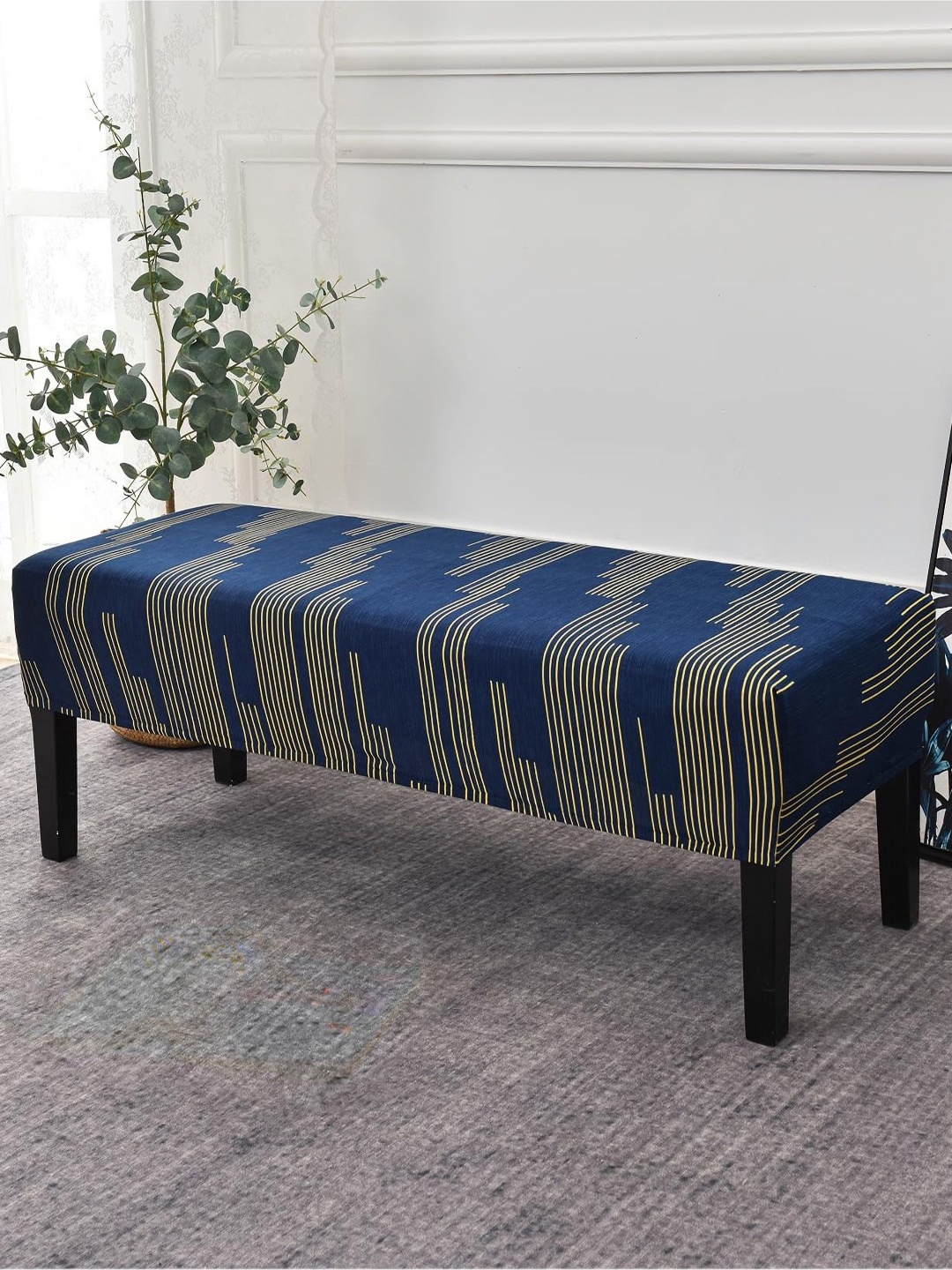 

HOUSE OF QUIRK Blue & yellow Stretchable Washable Elastic Slipcover Dining Bench Cover