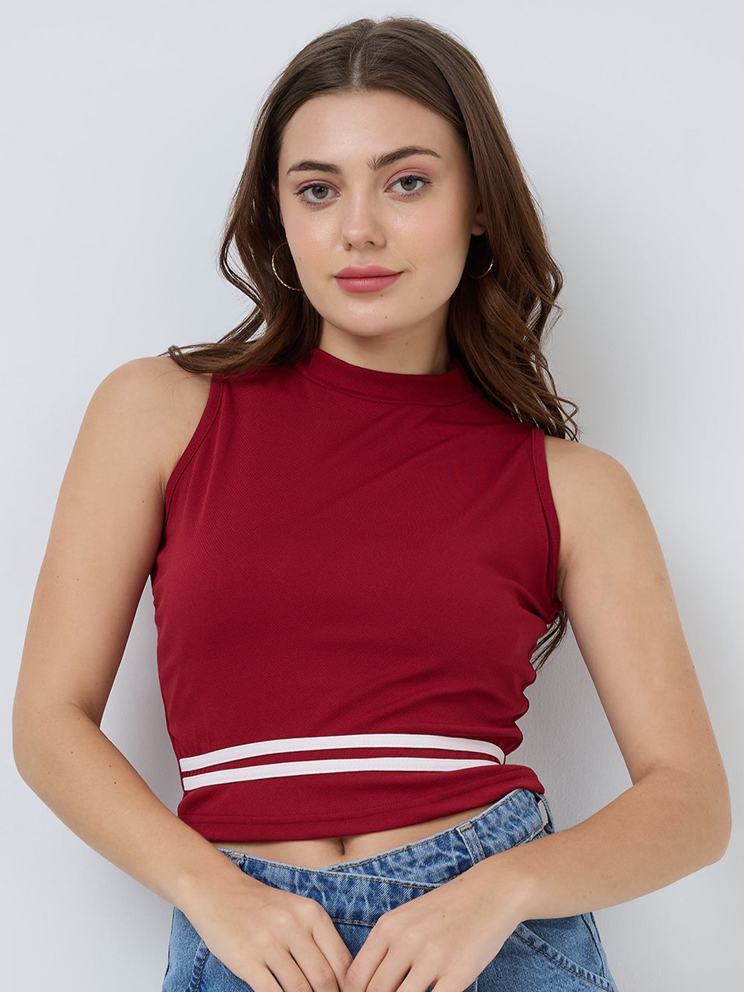 

SZN Women Stripped Sleeveless Fitted Crop Top, Red
