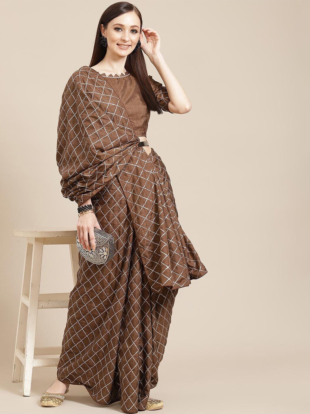 

DIVASTRI Embellished Sequinned Silk Blend Heavy Work Saree, Brown