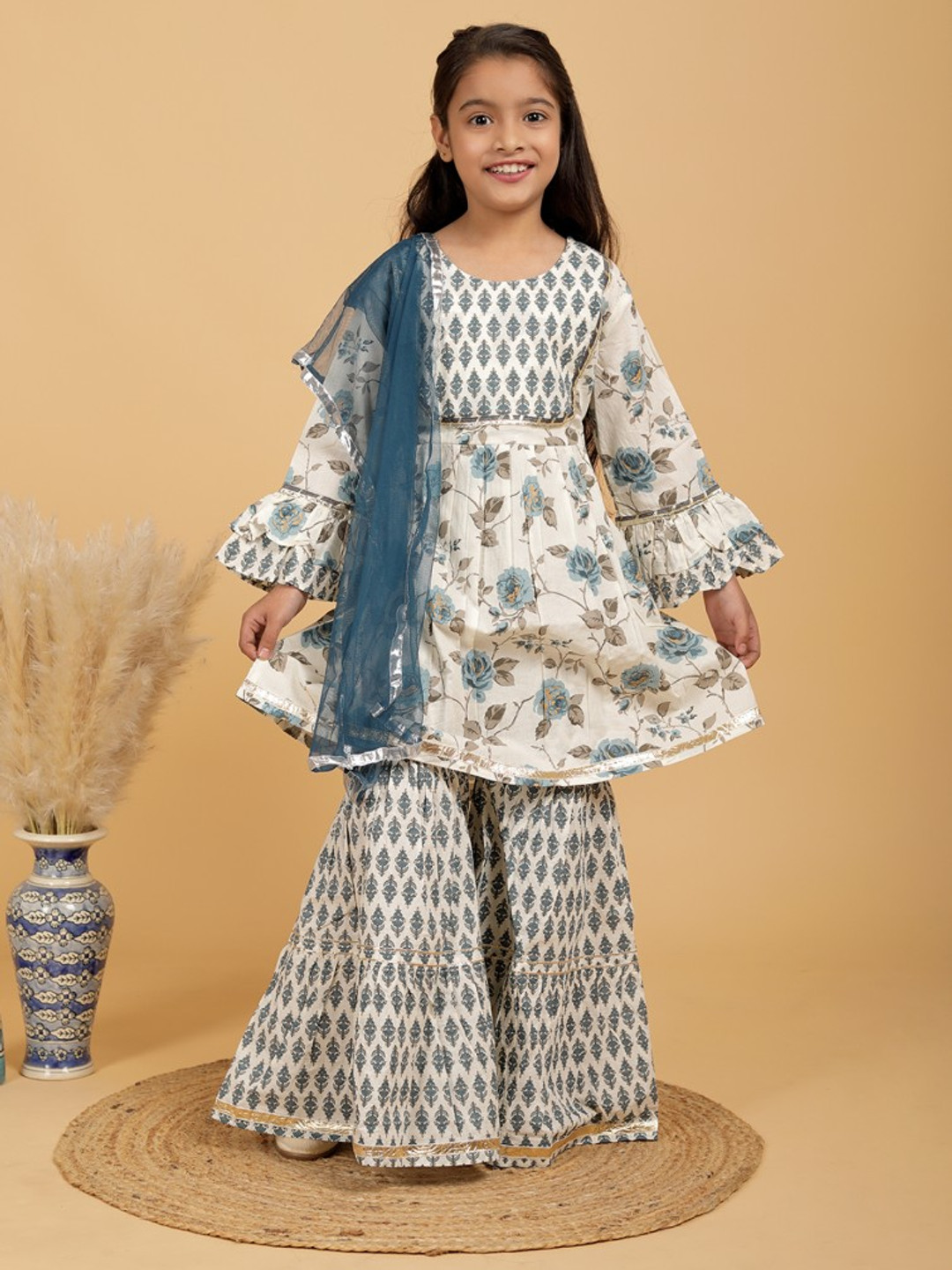 

TUNIYA Girls Floral Printed Cotton Blend Gotta Patti Anarkali Kurta With Sharara & Dupatta, Blue