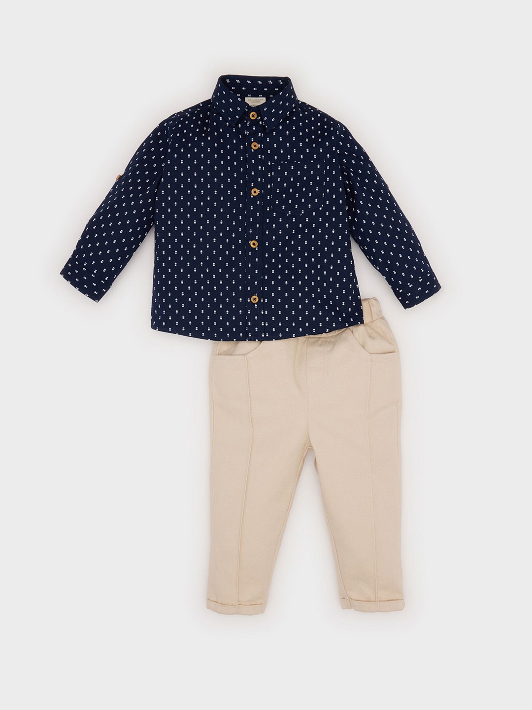 

DeFacto Boys Printed Shirt Collar Pure Cotton Shirt With Trousers, Navy blue