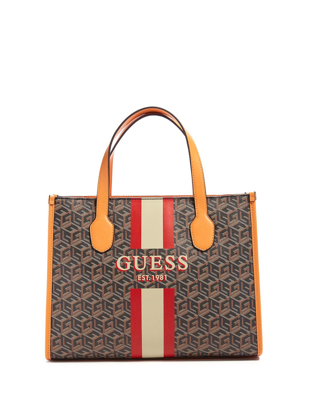 

GUESS Printed PU Structured Tote Bag with Cut Work, Black