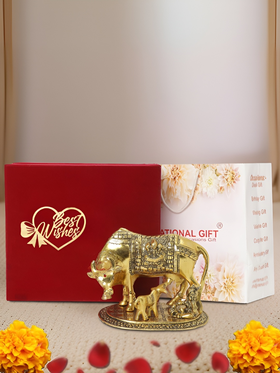 

INTERNATIONAL GIFT Gold-Toned Kamdhenu Cow With Lord Krishna Religious Idol Showpiece