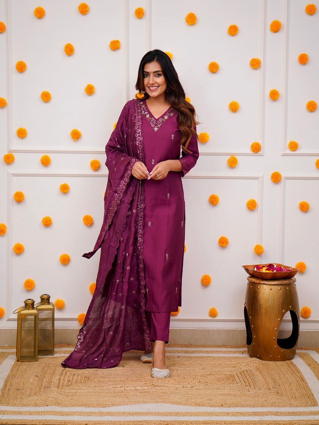 

choiceit Yoke Design Straight Chanderi Silk Kurta With Pyjamas And Dupatta, Pink
