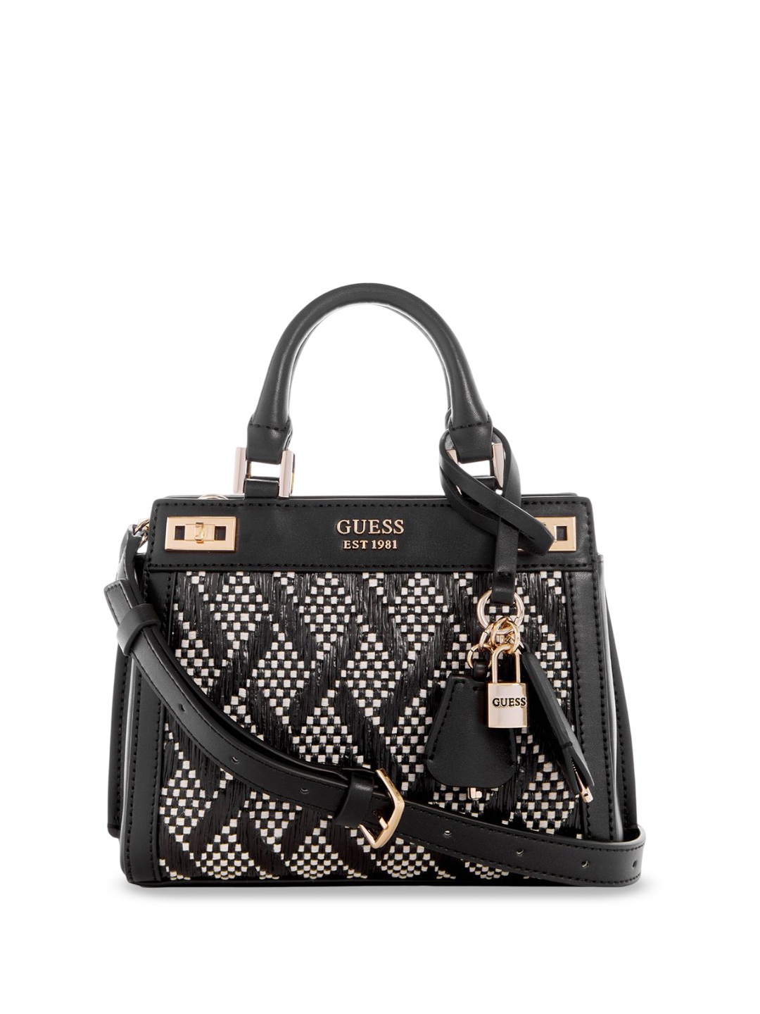 

GUESS Geometric PU Shopper Satchel with Tasselled, Black