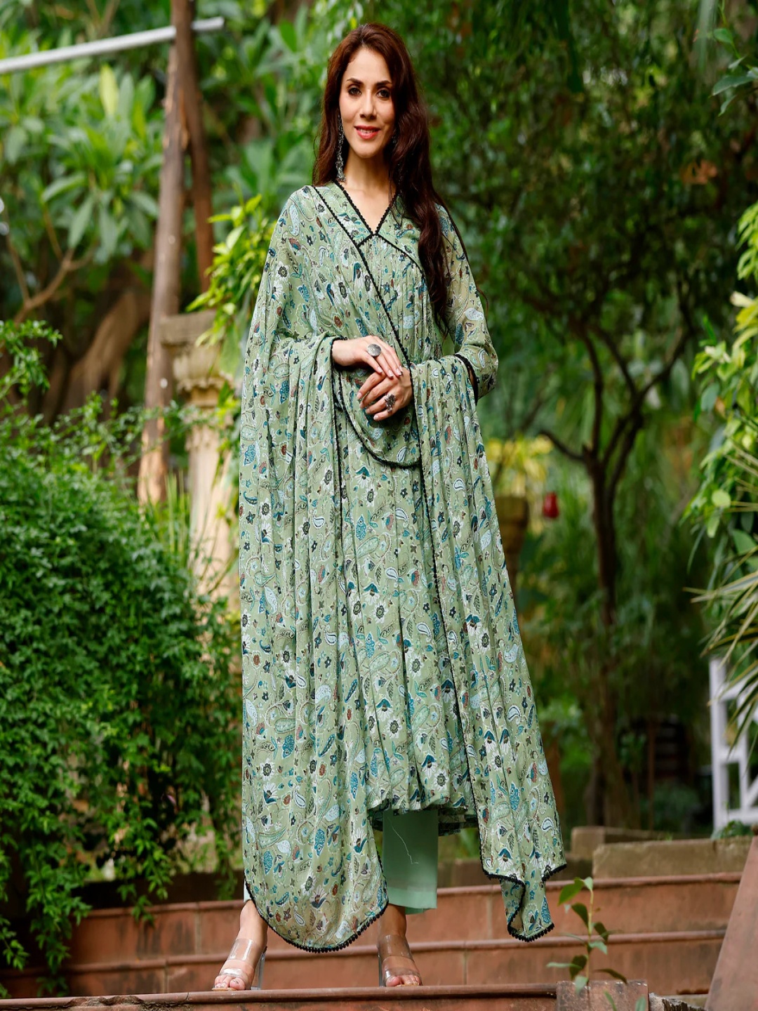 

GEKHA Floral Printed Anarkali Pure Cotton Kurta With Trousers And Dupatta, Green