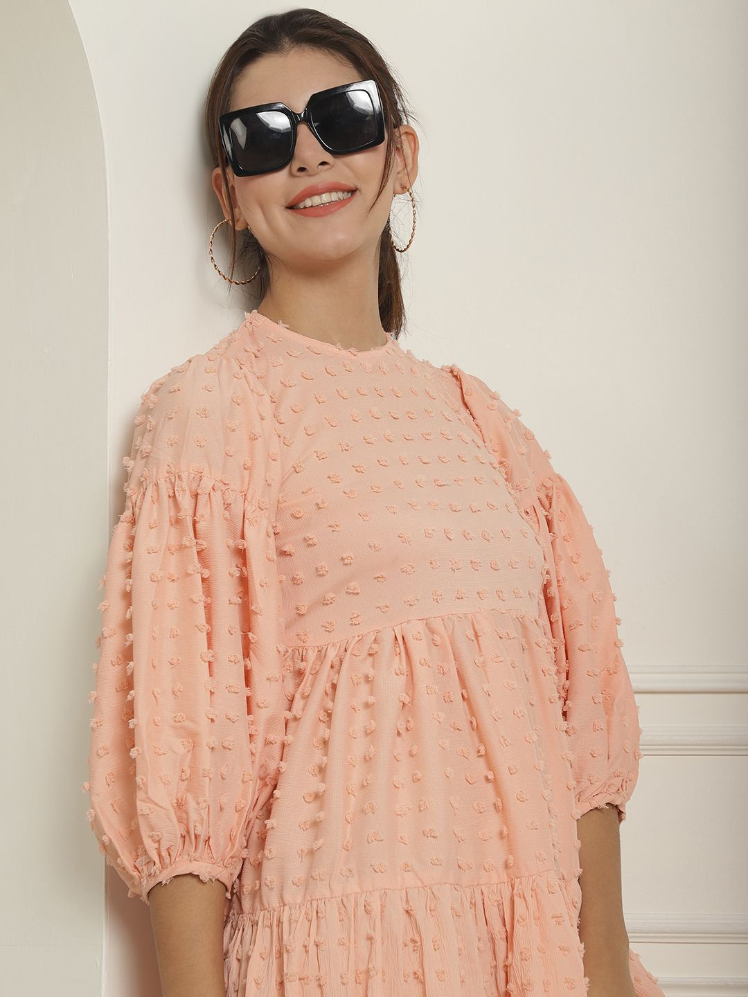 

JAINISH Women Puff Sleeve A-Line Dress, Peach