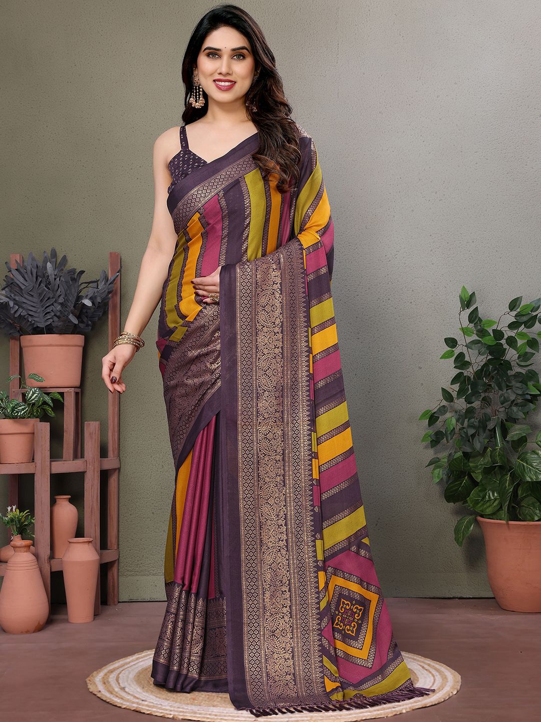 

LeeliPeeri Designer Women Striped Saree With Blouse Piece, Purple