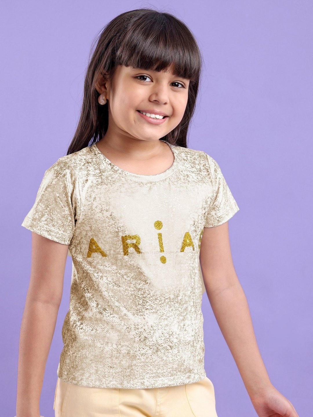 

ARIAS By LARA DUTTA Girls Printed Applique T-shirt, Gold