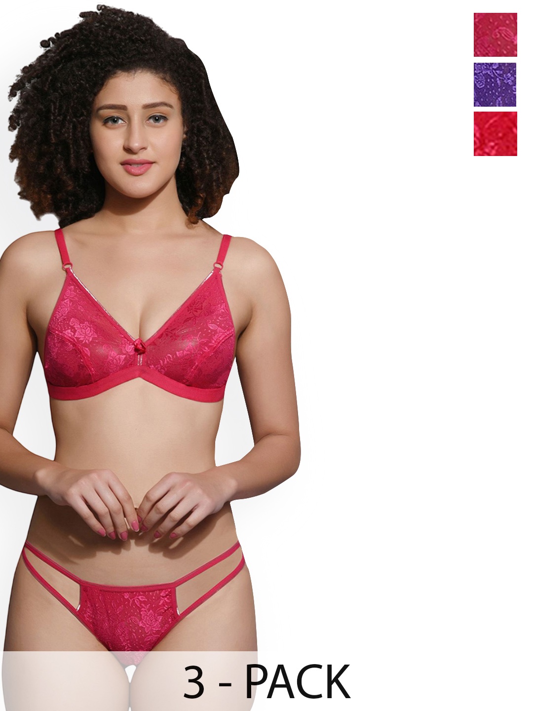 

chia fashions Women Pack Of 3 Non Padded Lingerie Set, Red