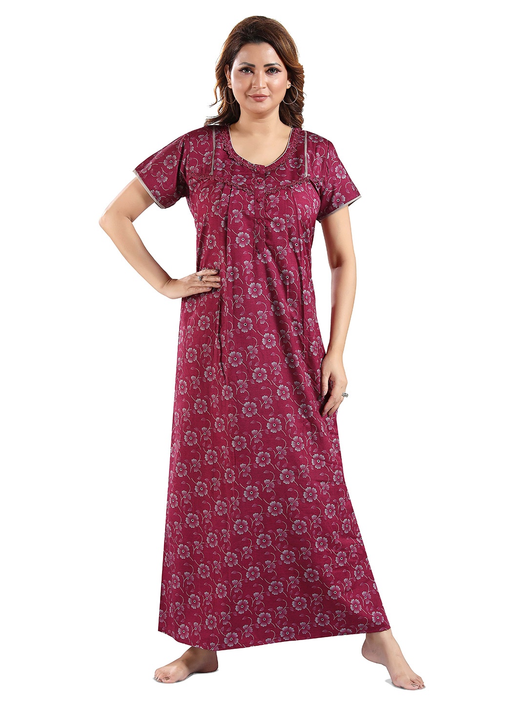 

NIGHT QUEEN Floral Printed Pure Cotton Maxi Nightdress, Maroon