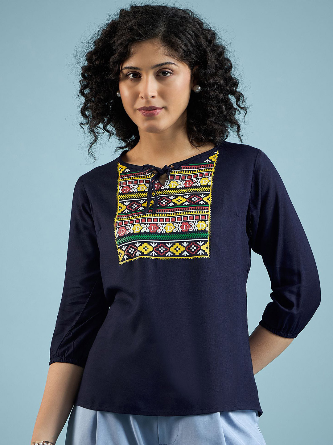 

DressBerry Printed Tie-Up Neck Top, Navy blue