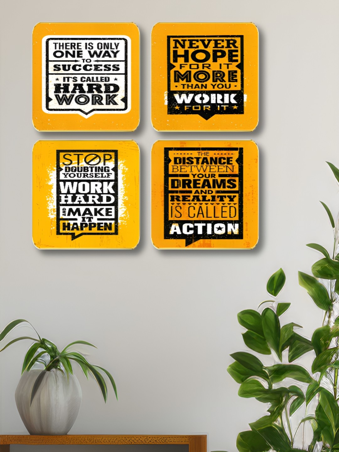 

Myntra Elegant Homes Yellow & Black 4 Pieces Motivational Quotes Wood Wall Art