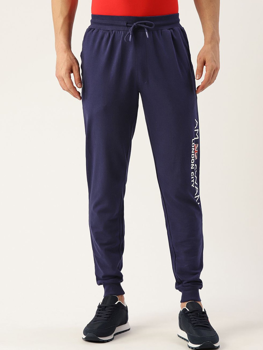 

AMSWAN Men Printed Cotton Mid-Rise Joggers, Navy blue