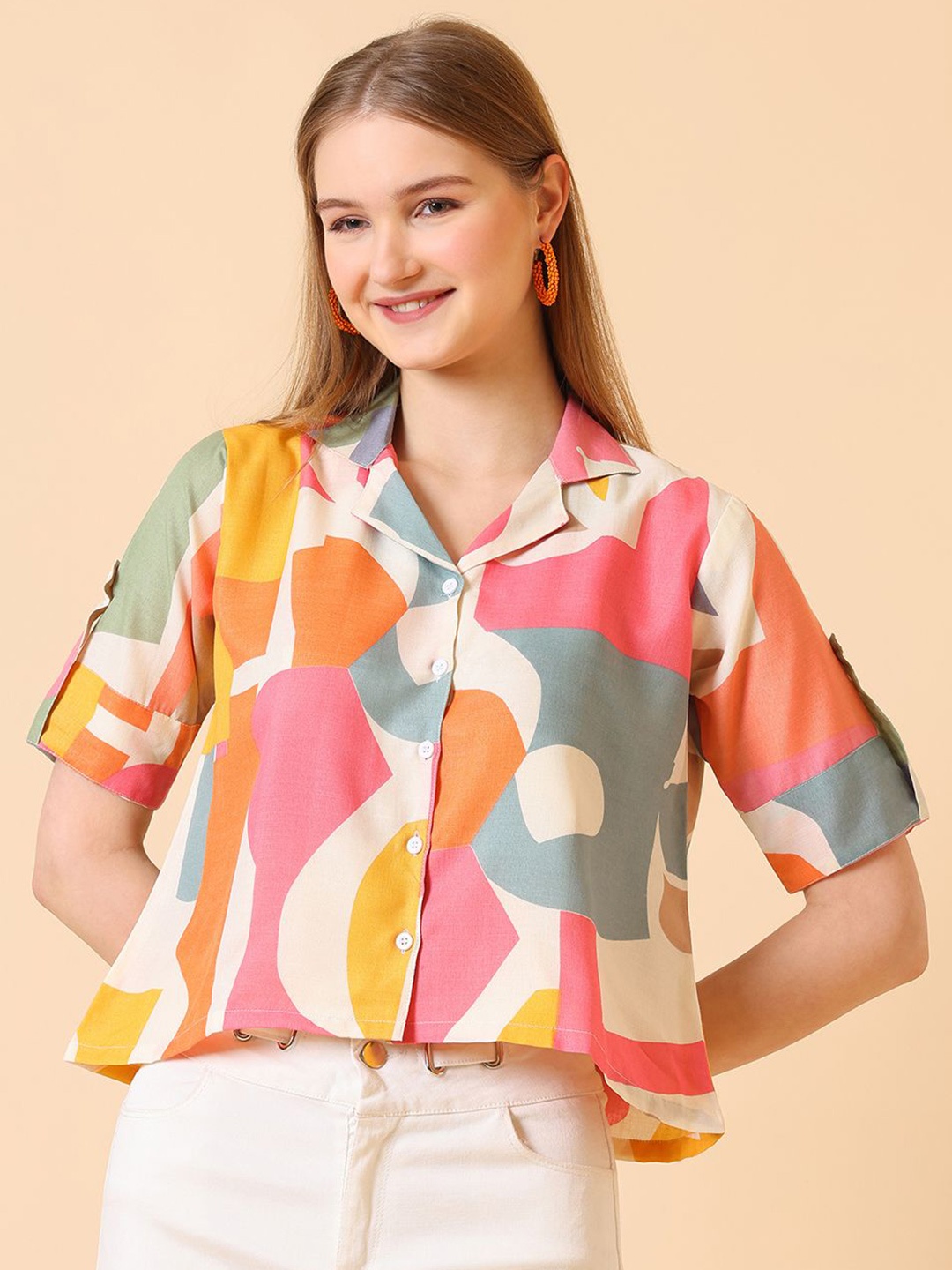 

CORSICA Women Lapel Collar Short Sleeves Shirt Style Cotton Top, Pink