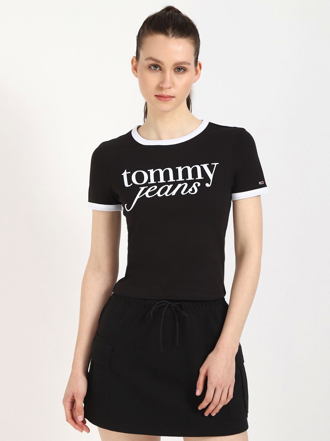 

Tommy Hilfiger Women Typography Printed Round Neck Cotton Slim Fit T-shirt, Black