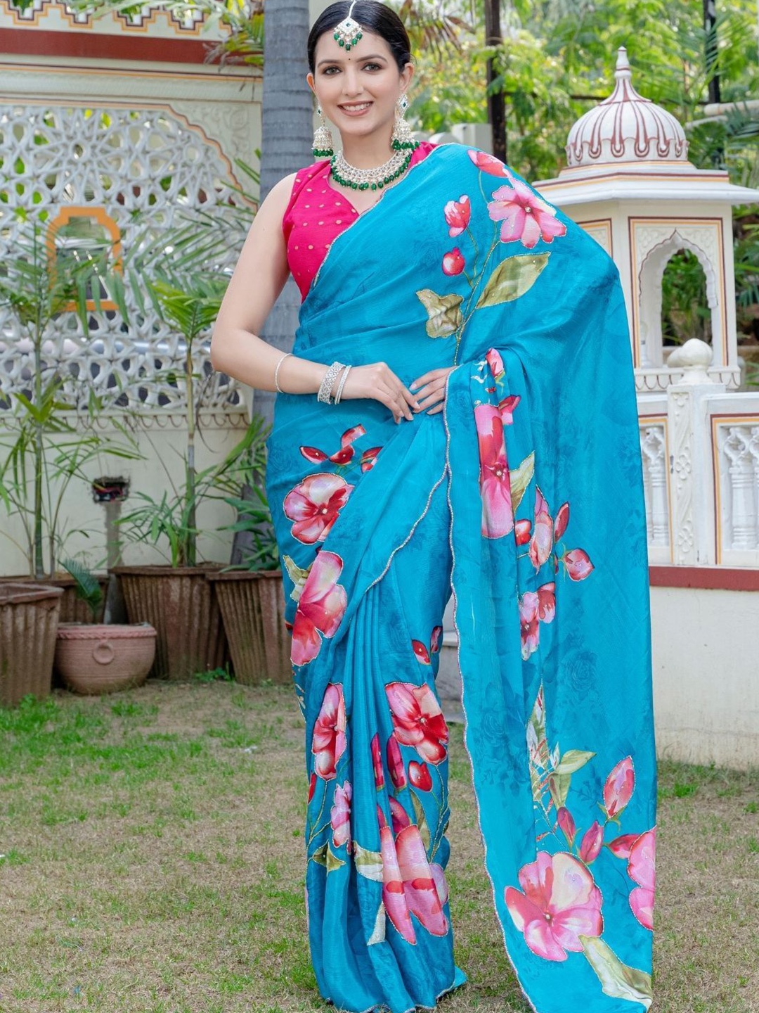 

PRETTY PALLU Floral Beads and Stones Pure Georgette Bagh Saree, Blue