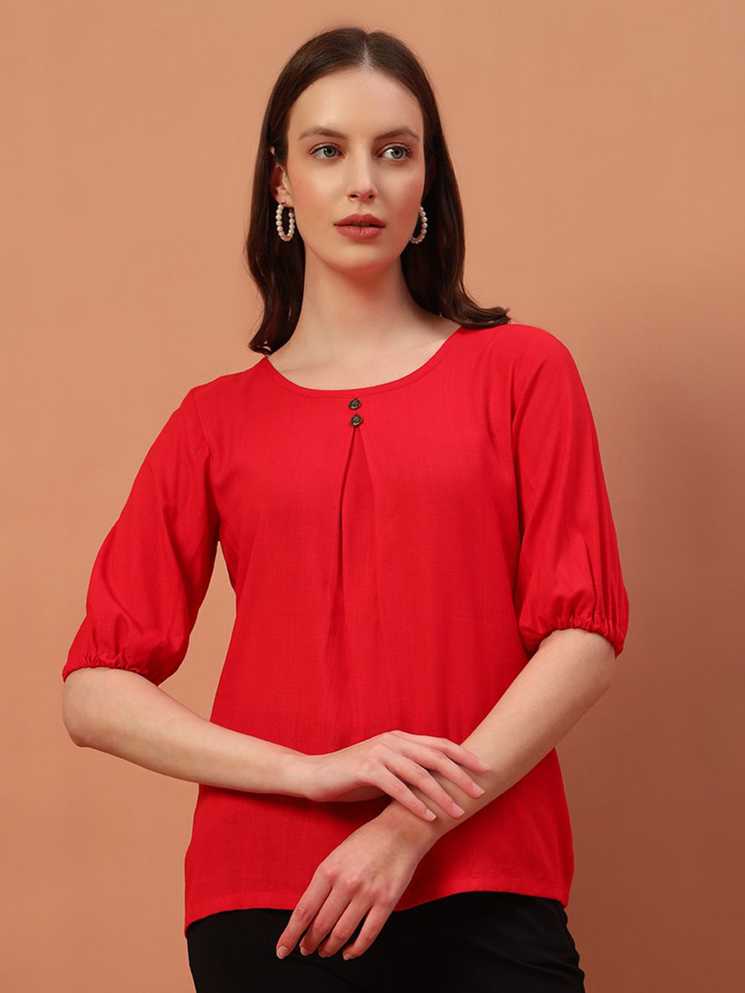 

Rudraaksha Creations Round Neck Puff Sleeves Cotton Top, Red