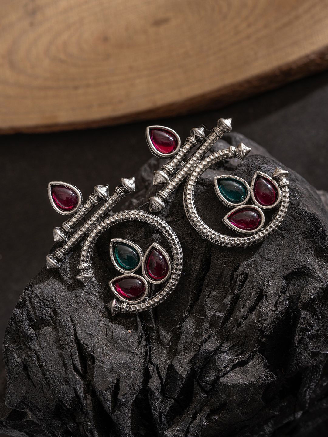 

PANASH Silver-Plated Stones Studded Contemporary Shaped Oxidized Drop Earrings