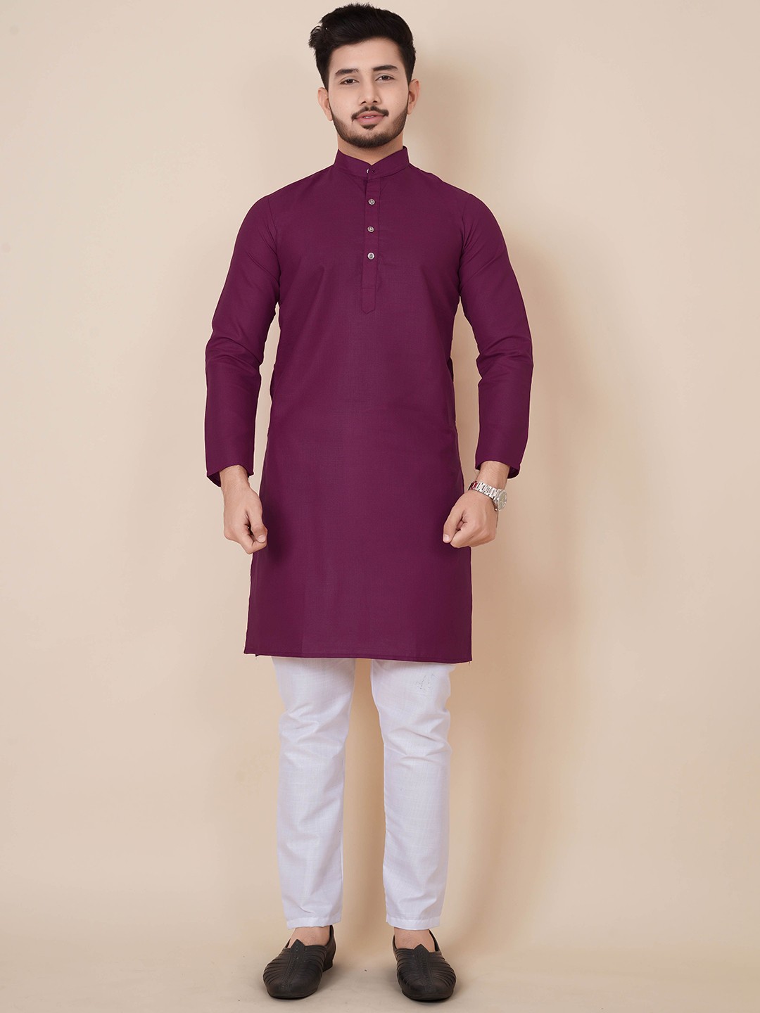 

ALMORA Mandarin Collar Pure Cotton Straight Kurta, Purple